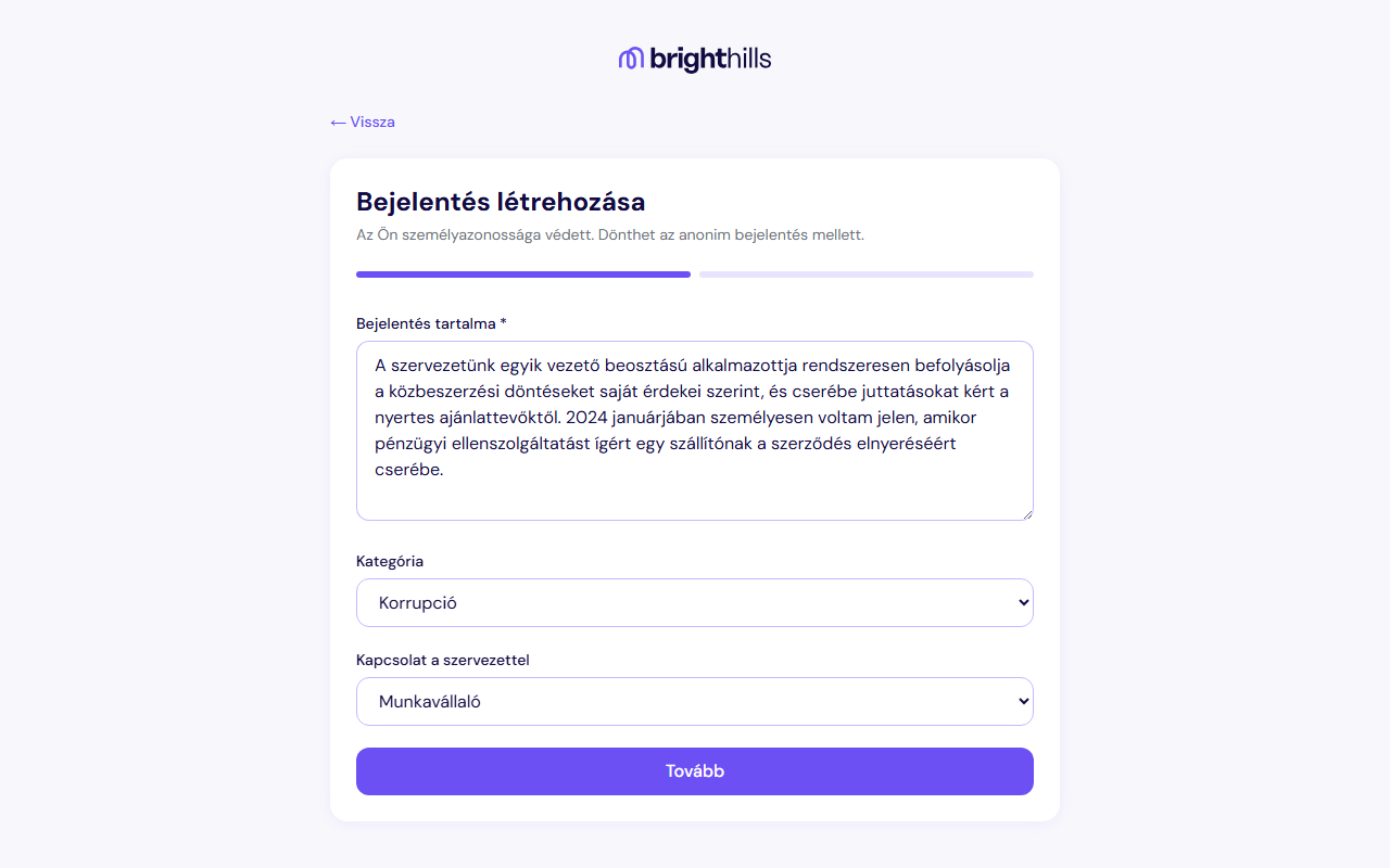 Kitöltött bejelentési űrlap
